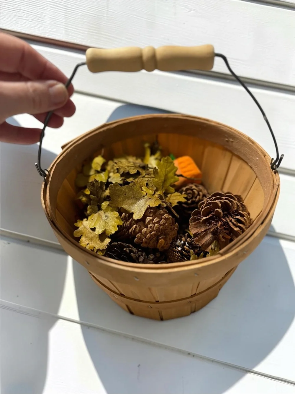 Wooden 9” Bushel Basket Fall Décor Pinecones Leaves